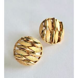 Vintage Trifari "Crown" Brushed Gold Tone Earrings MCM 1950s 1960s Mid-Century